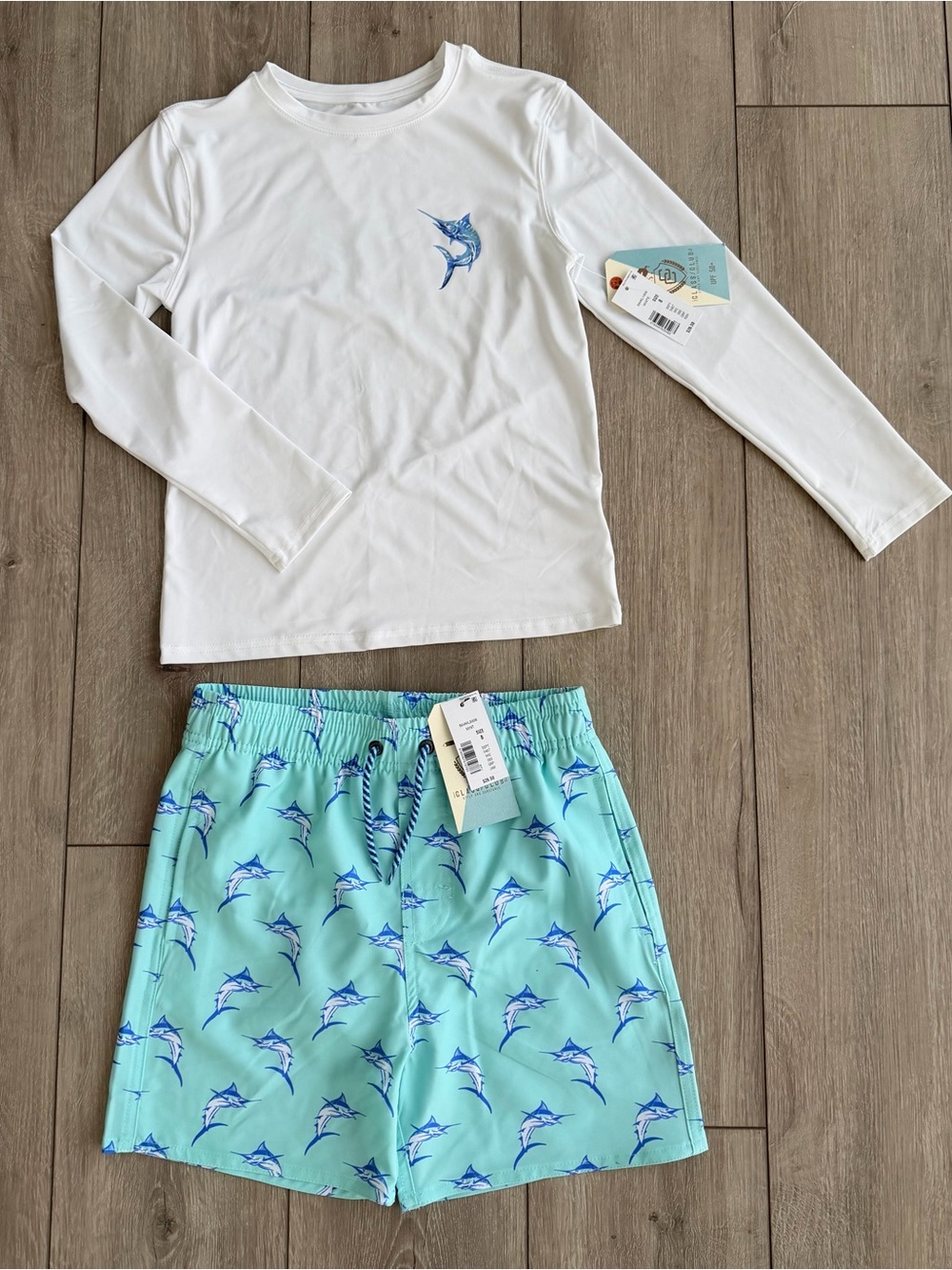 NWT Boys White Long-Sleeve Rash Guard & Aqua Marlin Swim Shorts size 8
